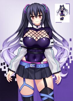 1girl absurdres alternate_breast_size_(larger) alternate_costume asymmetrical_legwear belt black_hair black_skirt black_thighhighs blue_belt blush breasts cleavage commission detached_sleeves dhiparizky fishnet_leotard fishnets garter_straps gradient_hair hair_between_eyes hair_ornament highres large_breasts leotard long_hair miniskirt multicolored_hair neptune_(series) noire_(neptunia) purple_hair purple_leotard red_eyes ring_hair_ornament skirt solo thigh_strap thighhighs twintails very_long_hair white_sleeves