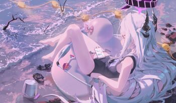 1girl barefoot beach black_horns black_one-piece_swimsuit blue_archive breasts cellphone chinese_commentary commentary_request halo highres hina_(blue_archive) hina_(swimsuit)_(blue_archive) horns knee_up long_hair looking_afar ocean official_alternate_costume on_innertube one-piece_swimsuit outdoors phone purple_halo qian_he_shui_cheng reclining shoes small_breasts smartphone solo swimsuit unworn_shoes white_hair