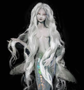 1girl absurdres black_background commentary english_commentary eyeshadow floating_hair freckles hand_on_lap hand_up head_tilt highres iridescent long_hair looking_at_viewer makeup mermaid monster_girl original pink_eyeshadow playing_with_own_hair simple_background smile solo twulfs wavy_hair white_eyes white_hair