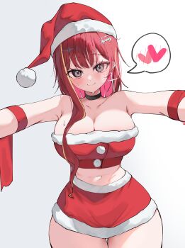 1girl absurdres akane_lize armpit_crease black_choker blush breasts choker choppy_bangs cleavage closed_mouth colored_inner_hair commentary cowboy_shot crop_top cropped_shirt cross cross_earrings curvy dated_commentary earrings frilled_thigh_strap fur-trimmed_shirt fur_trim grey_background grey_eyes hair_ornament hairclip hat heart highres hug_invitation jewelry large_breasts long_hair looking_at_viewer microskirt midriff mole mole_under_eye multicolored_hair navel outstretched_arms red_hair red_shirt red_skirt santa_costume santa_hat shirt simple_background skirt smile solo spoken_blush spoken_heart spread_arms standing stellive strapless strapless_shirt streaked_hair sweat thigh_gap thigh_strap variant_set virtual_youtuber wide_hips yeomhwauranyum