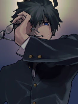 Rule 34 | 1boy, ahoge, black hair, blue eyes, buttons, collared shirt, commentary request, facing viewer, gakuran, glasses, glowing, glowing eye, hair over one eye, holding, holding removed eyewear, looking at viewer, male focus, messy hair, metarogu, mystic eyes of death perception, nervous sweating, removing eyewear, school uniform, shirt, solo, souya high school uniform, sweat, tohno shiki, tsukihime, tsukihime (remake), unworn eyewear, white shirt