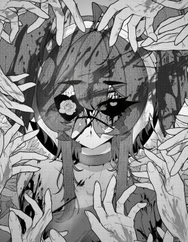 Rule 34 | 1girl, absurdres, ahoge, animal ear fluff, animal ears, blood, blood on clothes, blood on face, blood splatter, broken eyewear, choker, closed mouth, colored sclera, commentary, double-parted bangs, english commentary, eyepatch, greyscale, heart, heart eyepatch, highres, looking at viewer, mayoa, mayochan, medium hair, monochrome, original, rabbit ears, rabbit girl, shirt, sidelocks, single bare shoulder, solo, straight-on, sunglasses, surrounded by hands, upper body