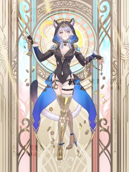 1girl animal_ears blue_eyes boots breasts cat_ears cat_girl cipher_(honkai:_star_rail) cleavage coin garter_straps gold_boots grey_hair high_heels highres honkai:_star_rail honkai_(series) large_breasts short_hair solo tailcoat tanemaki_monaka