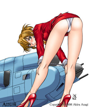 1990s_(style) 1girl agent_aika aika_(series) aircraft airplane asagi_akira ass b-52_stratofortress bare_legs bent_over blonde_hair blush cuffs earrings green_eyes gun_pod handcuffed handcuffs heavy_bomber high_heels jewelry lipstick makeup military panties pantyshot penetrator_(aircraft) retro_artstyle skirt strategic_bomber sumeragi_aika turret underwear upskirt white_panties