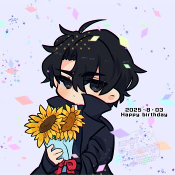 1boy :/ black_coat black_eyes black_hair black_shirt bouquet coat commentary double-parted_bangs expressionless flower hair_between_eyes happy_birthday highres holding holding_bouquet kimidori_22 looking_at_viewer male_focus omniscient_reader&#039;s_viewpoint open_clothes open_coat popped_collar shirt short_hair solo sunflower symbol-only_commentary upper_body yoo_joonghyuk