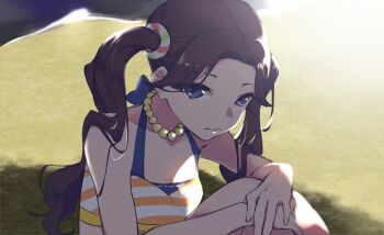 1girl aikatsu!_(series) aikatsu_stars! bad_id bad_twitter_id beach bikini brown_hair image_sample jewelry kasumi_yozora knees_up long_hair looking_at_viewer necklace outdoors parted_lips purple_eyes sand shiontaso sitting solo striped_bikini striped_clothes swimsuit twintails twitter_sample