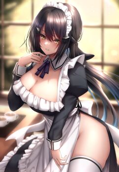 Rule 34 | 1girl, absurdres, alternate costume, apron, black dress, black hair, blurry, blurry background, blush, breasts, cleavage, cup, dandelion (girls' frontline), detached collar, dress, enmaided, fingernails, girls' frontline, highres, light smile, long hair, looking at viewer, maid, maid headdress, no panties, parted lips, smile, solo, table, tray, white apron, white headdress, white mouth, window, xlscaler, yellow eyes