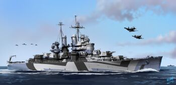 aerial_bomb aircraft aircraft_carrier airplane anti-aircraft anti-aircraft_gun artillery autocannon blue_sky bofors_40_mm_gun boomb cannon cloud commentary_request cruiser dated explosive explosive_weapon f4u_corsair highres mast military military_vehicle naval_artillery naval_gun nendoyo no_humans ocean oerlikon_20mm_gun original outdoors propeller_fighter revision sailing ship ship_turret signature sky smokestack united_states_navy uss_denver_(cl-58) vehicle_focus warship watercraft weapon world_war_ii