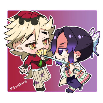 1boy 1girl anger_vein blonde_hair butterfly_hair_ornament clenched_teeth commentary_request demon_slayer_uniform douma_(kimetsu_no_yaiba) fingernails hair_ornament haori hashtag highres holding holding_sword holding_weapon japanese_clothes kimetsu_no_yaiba kochou_shinobu korean_commentary multicolored_hair orange_eyes pants purple_eyes purple_hair red_eyes red_shirt roots_(hair) sharp_fingernails shirt sostenuto0 striped_clothes striped_pants sword symbol-shaped_pupils teeth vertical-striped_clothes vertical-striped_pants weapon white_haori