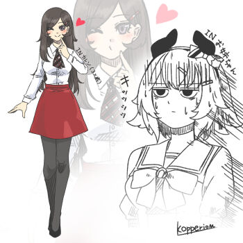 ;) absurdres animal_ears black_hair black_neckerchief black_pantyhose black_shoes body_switch bow bowtie commentary_request curren_chan_(umamusume) ear_bow ear_covers ears_back female_trainer_(umamusume) hair_ornament hairclip highres horse_ears horse_girl kopperion long_hair long_sleeves neckerchief one_eye_closed pantyhose partially_colored personality_switch red_skirt sailor_collar sailor_shirt school_uniform serafuku shirt shoes simple_background skirt smile tracen_school_uniform trainer_(umamusume) translation_request umamusume white_background white_shirt