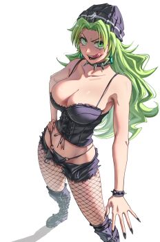 Rule 34 | 1girl, absurdres, black boots, black hat, black nails, black panties, black shorts, black tank top, bleach, bleach: sennen kessen-hen, boots, breasts, candice catnipp, cleavage, commentary, curvy, fishnet pantyhose, fishnets, full body, goth fashion, green eyes, green hair, hat, highres, large breasts, licking, long hair, midriff, navel, panties, pantyhose, quincy (bleach), ririvart, shiny skin, short shorts, shorts, simple background, solo, sternritter, tank top, thong, underwear, very long hair, white background, wide hips