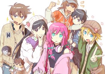 Rule 34 | 0 scyf, 2girls, 4boys, alternate hairstyle, antenna hair, arm around neck, aubrey (birthday) (omori), aubrey (faraway) (omori), aubrey (omori), baseball cap, basil (birthday) (omori), basil (faraway) (omori), basil (omori), black eyes, black hair, blonde hair, blue eyes, blue pants, blush, braid, bright pupils, brown bag, brown hair, brown hat, cardigan, character doll, closed mouth, crop top, dark-skinned male, dark skin, denim, doll, double-parted bangs, green cardigan, grey hat, hair between eyes, hair ornament, hairclip, hat, headphones, headphones around neck, headscarf, hero (birthday) (omori), hero (faraway) (omori), hero (omori), highres, hood, hoodie, jacket, jeans, kel (birthday) (omori), kel (faraway) (omori), kel (omori), long hair, long sleeves, low twin braids, mari (birthday) (omori), mari (faraway) (omori), mari (omori), mari (spirit) (omori), multiple boys, multiple girls, navel, newsboy cap, official alternate costume, omori, open cardigan, open clothes, open jacket, open mouth, orange hoodie, pants, parallel hairclips, pink cardigan, short hair, sidelocks, smile, stuffed toy, sunny (birthday) (omori), sunny (omori), twin braids, v, v over mouth, white background, white cardigan, white headscarf, white jacket, white pupils