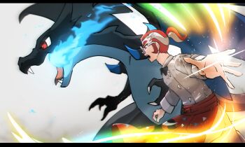 1boy apron black_bow black_bowtie bow bowtie charizard cowboy_shot dragon fighting_stance floating_clothes gen_1_pokemon glasses grisham_(pokemon) hair_pulled_back highres light_particles looking_ahead male_focus mega_charizard_x mega_pokemon multicolored_hair nintendo open_mouth pokemon pokemon_(creature) pokemon_legends:_z-a red_eyes red_hair shirt two-tone_hair waist_apron white-framed_eyewear white_hair white_shirt yonokami