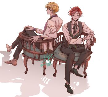 2boys alberu_crossman black_pants black_vest blonde_hair cale_henituse chair collared_shirt commentary_request crossed_legs dated formal_clothes full_body highres jacket long_sleeves looking_at_viewer lout_of_count&#039;s_family male_focus multiple_boys open_mouth osewa6363 pants prince red_eyes red_hair ribbon shadow shirt shoes short_hair signature simple_background sitting smile suit vest waistcoat white_background white_jacket white_shirt