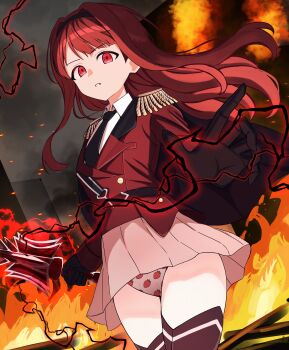 1girl absurdres black_gloves black_hairband black_necktie black_thighhighs city commentary_request dark_persona epaulettes fire floating_hair floris_(saber13) food_print fruit_print gloves hairband highres holding holding_weapon idol_heroes_(idolmaster) idolmaster idolmaster_million_live! idolmaster_million_live!_theater_days jacket long_hair long_sleeves looking_at_viewer necktie official_alternate_costume outdoors outstretched_hand panties parted_lips pleated_skirt print_panties red_eyes red_hair red_jacket skirt solo standing strawberry_print tanaka_kotoha tanaka_kotoha_(thanatos_empress) thighhighs underwear upskirt weapon white_skirt