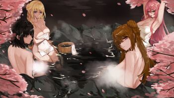 Rule 34 | 4girls, armpit crease, armpits, back, black eyes, black hair, blonde hair, blue eyes, breasts, brown hair, cheong alyeon, cherry blossoms, cleavage, convenient censoring, double bun, dungeon and fighter, expressionless, eyebrows hidden by hair, female fighter (dungeon and fighter), female gunner (dungeon and fighter), female nen master (dungeon and fighter), female priest (dungeon and fighter), green eyes, hair between eyes, hair bun, knight (dungeon and fighter), large breasts, lightbringer (dungeon and fighter), long hair, looking at viewer, looking back, mistress (dungeon and fighter), multiple girls, naked towel, night, nude, onsen, paramedic (dungeon and fighter), parted lips, petals, petals on liquid, pink hair, pink petals, red eyes, steam, steam censor, sweat, towel, water