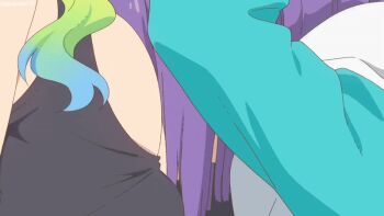 1boy 3girls animated animated_gif anime_screenshot between_breasts blindfold blonde_hair blue_eyes blush bouncing_breasts breast_focus breast_smother breasts brown_hair closed_eyes dragon_girl dragon_horns embarrassed exercising face_between_breasts face_to_breasts goddes green_hair head_between_breasts hetero hood hoodie horns huge_breasts intermission jacket jogging jump_rope jumping kobayashi-san_chi_no_maidragon leash lucoa_(maidragon) magatsuchi_shouta midriff monster_girl multicolored_hair multiple_girls orange_eyes outdoors pants park purple_eyes purple_hair red_eyes running shorts shota sit-up sports_bra squatting tohru_(maidragon) yellow_eyes