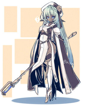 Rule 34 | ..., 1girl, arms behind back, black dress, blue eyes, boots, braid, breasts, closed mouth, clothing cutout, commentary request, dark elf, dress, elf, expressionless, eyebrows hidden by hair, from side, full body, green eyes, groin, high heels, hip vent, hisui (syarute), holding, holding staff, long hair, looking at viewer, mage staff, medium breasts, original, pointy ears, shadow, solo, spoken ellipsis, staff, stiletto heels, thigh boots, two-tone dress, white boots, white dress