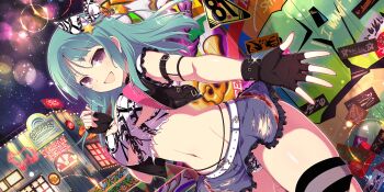 1girl armlet bashou_(senran_kagura) billboard black_choker blush bow breasts building choker city_lights cleavage coca-cola diner door fingerless_gloves gloves graffiti green_hair gyaru hair_bow highres jacket jewelry large_breasts leather leather_vest linea_alba looking_at_viewer medium_hair navel neon_lights night official_alternate_costume official_art paint panties pantyshot poster_(object) punk purple_eyes rokku_gyaru senran_kagura senran_kagura_new_link senran_kagura_new_wave shirt sign skirt sky solo spray_paint star_(sky) starry_sky thighhighs torn_clothes torn_shirt torn_skirt underwear vest wall window yaegashi_nan