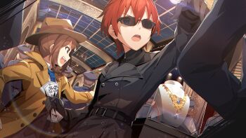 1other 2girls black_coat black_gloves blue_eyes brown_coat brown_hair brown_hat coat commentary_request crumpled_paper detective game_cg gloves hat holding holding_paper idolmaster idolmaster_million_live! idolmaster_million_live!_theater_days indoors jewelry julia_(idolmaster) multiple_girls night official_art open_mouth paper red_hair short_hair sunglasses third-party_source yokoyama_nao