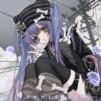 Rule 34 | 1girl, aegyo sal, arm warmers, artist name, beanie, black choker, black thighhighs, blush, cartoon bone, chain, choker, cloud, cloudy sky, colored eyelashes, colored tips, commentary, commission, cropped legs, cross, double v, ear piercing, earflap beanie, fishnet thighhighs, fishnets, from below, gothic punk, hat, highres, jellyfish, jewelry, leg warmers, long sleeves, looking at viewer, multicolored hair, multiple rings, nail polish, original, piercing, pkolypop, plaid clothes, plaid skirt, power lines, purple hair, purple nails, ring, single fishnet legwear, sitting, skirt, sky, sparkle, thigh strap, thighhighs, twintails, untranslatable commentary, utility pole, v, yabi fashion, yellow eyes