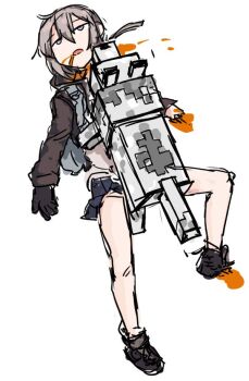 1girl black_gloves blood blood_from_mouth blood_on_hands blood_splatter blue_skirt corpse dutchko girls&#039;_frontline gloves guro implied_bestiality m200_(girls&#039;_frontline) minecraft necrophilia no_panties orange_blood shoes skirt wolf_(minecraft)