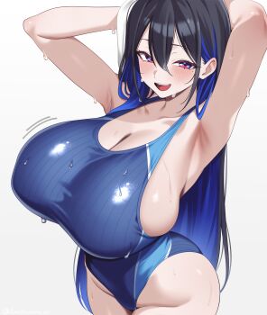 1girl absurdres armpits bare_shoulders blue_hair blue_one-piece_swimsuit borrowed_character breasts cleavage colored_inner_hair commentary competition_swimsuit covered_navel drying drying_hair drying_own_hair film_grain groin hair_between_eyes highleg highleg_one-piece_swimsuit highres huge_breasts hz_(666v) juri-chan_(izato) large_breasts long_hair looking_at_viewer motion_lines multicolored_hair one-piece_swimsuit open_mouth original presenting_armpit red_eyes simple_background smile solo swimsuit towel two-tone_hair very_long_hair wet white_background