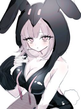 1girl animal_ears animal_hood breasts brown_hair cleavage commentary_request danganronpa_(series) danganronpa_2:_goodbye_despair fake_animal_ears fishnet_pantyhose fishnets highres hood hood_up looking_at_viewer medium_hair nanami_chiaki no_hair_ornament official_alternate_costume pantyhose pink_eyes playboy_bunny rabbit_ears rabbit_hood rabbit_tail simple_background solo tail white_background
