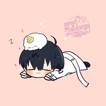 1boy ahoge animal animal_on_head biyoo_(omniscient_reader&#039;s_viewpoint) black_eyes black_hair black_shirt chibi chibi_only closed_eyes coat collared_shirt full_body hair_between_eyes highres kim_dokja kimidori_22 lying male_focus omniscient_reader&#039;s_viewpoint on_ground on_head on_stomach open_clothes open_coat shirt short_hair sleeping solo white_coat zzz