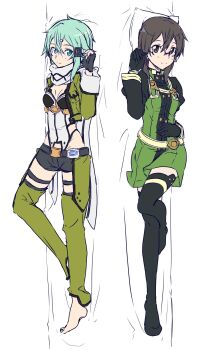 Rule 34 | 2girls, aqua eyes, aqua hair, armored leotard, asada shino, asada shino (sao-os), asagi501, barefoot, belt, black-framed eyewear, black belt, black dress, black gloves, black leotard, black thighhighs, black trim, breasts, brown eyes, brown hair, cleavage, closed mouth, commentary request, cropped jacket, dakimakura (medium), detached pants, double-parted bangs, dress, fingerless gloves, full body, glasses, gloves, green dress, green jacket, green pants, hair between eyes, hair ornament, hair ribbon, hairclip, hand on own stomach, hand up, high collar, highleg, highleg leotard, highres, jacket, leg up, leotard, long sleeves, looking at viewer, lying, medium breasts, multicolored jacket, multicolored leotard, multiple girls, no shoes, on back, open clothes, open jacket, pants, pillow, ribbon, rimless eyewear, scarf, short dress, short shorts, shorts, sinon, sketch, smile, split mouth, sword art online, sword art online the movie: ordinal scale, tassets, thigh strap, thighhighs, two-tone dress, two-tone jacket, two-tone leotard, white background, white jacket, white leotard, white ribbon, white scarf, zettai ryouiki