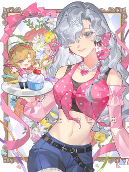 2girls ;d absurdres alternate_costume bare_shoulders belt black_belt black_sports_bra blonde_hair blue_eyes blue_flower blue_shorts bow cherry chibi chibi_inset cupcake detached_sleeves floral_background flower food fruit grey_hair hair_bow hair_over_one_eye highres holding holding_plate jewelry long_hair midriff mini_person minigirl multiple_girls navel necklace one_eye_closed one_eye_covered open_mouth outstretched_arms pearl_necklace picture_frame pink_bow pink_sleeves pink_tank_top plate polka_dot polka_dot_bow purple_eyes red_flower reverse:1999 sample_watermark shorts smile sports_bra spread_arms tank_top tied_tank_top upper_body vila_(reverse:1999) watermark white_flower windsong_(reverse:1999) yellow_flower yuguang