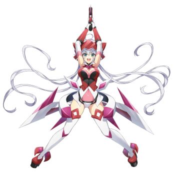 1girl ahoge aiming_up armored_leotard arms_up breasts cleavage cosplay dolphin_wave full_body gluteal_fold green_eyes grey_hair gun highres holding holding_above_head holding_gun holding_weapon izumi_kiri leotard long_hair looking_at_viewer low_twintails medium_breasts navel non-web_source official_art ootomo_takuji open_mouth pink_leotard senki_zesshou_symphogear simple_background smile solo straight-on transparent_background twintails two-handed weapon yukine_chris yukine_chris_(cosplay)