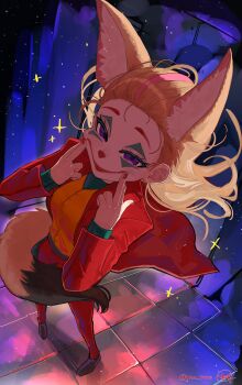 Rule 34 | 1girl, absurdres, animal ears, batman (series), black shoes, blonde hair, commentary, cosplay, dc comics, english commentary, facepaint, fingernails, floating clothes, formal clothes, fox ears, fox girl, fox tail, full body, highres, hololive, jacket, joker (2019), joker (dc) (cosplay), long hair, long sleeves, looking at viewer, multicolored hair, nail polish, omaru polka, open clothes, open jacket, pants, pink streaks, purple eyes, red jacket, red nails, red pants, red suit, shoes, signature, solo, standing, streaked hair, suit, tail, the joker, twitter username, virtual youtuber, yuuppi
