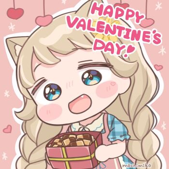 1girl :d animal_ear_fluff animal_ears apron artist_self-insert blue_dress blue_eyes blush_stickers box braid brown_hair cat_ears checkerboard_cookie chibi commentary_request cookie dress english_text fang flower food hair_flower hair_ornament happy_valentine heart holding holding_box long_hair low_twintails mochimiko open_mouth original outline pink_apron pink_background plaid_clothes plaid_dress puffy_short_sleeves puffy_sleeves short_sleeves signature simple_background smile solo twin_braids twintails very_long_hair white_outline yellow_flower