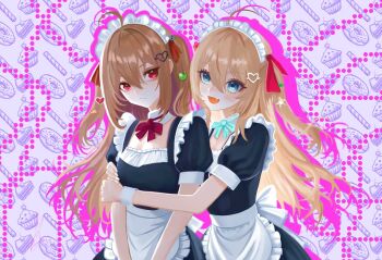 2girls apron aqua_bow aqua_bowtie aserunjz black_dress blue_eyes bow bowtie broken_heart broken_heart_hair_ornament brown_hair closed_mouth commentary commission dress english_commentary evil_neuro-sama fang from_side hair_between_eyes hair_ornament heart heart_hair_ornament hug long_hair maid maid_apron maid_headdress multiple_girls neuro-sama open_mouth red_bow red_bowtie red_eyes red_ribbon ribbon second-party_source short_sleeves siblings sisters skin_fang star_(symbol) star_hair_ornament twins two_side_up upper_body vedal_ai virtual_youtuber waist_apron white_apron