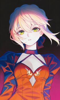 1girl absurdres angra_mainyu_(fate) artoria_pendragon_(fate) black_dress black_ribbon blonde_hair breasts cleavage commentary corruption dark_persona dress fate/grand_order fate_(series) floating_hair hair_ribbon highres juliet_sleeves long_sleeves looking_at_viewer medium_breasts possessed possession puffy_sleeves ribbon saber_alter saber_alter_(third_ascension) short_hair solo water_human yellow_eyes