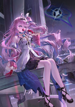 1girl absurdres ahoge aleph-1_(wuthering_waves) bare_shoulders black_shoes black_skirt breasts candy chinese_commentary colored_inner_hair commentary_request denia_(wuthering_waves) detached_sleeves dress food gloves hair_ornament high_heels highres holding holding_candy holding_food holding_lollipop kordilia lollipop long_hair looking_at_viewer medium_breasts multicolored_hair pink_hair purple_hair red_gloves revision shoes sitting skirt solo white_dress wuthering_waves