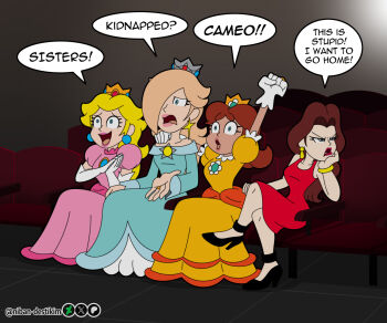 4girls angry artist_name blonde_hair brown_hair crown dress earrings flower_earrings full_body gloves grin hair_over_one_eye hand_up high_heels jewelry lipstick long_hair makeup mario_(series) multiple_girls nintendo open_mouth pauline_(nintendo) pink_dress princess_daisy princess_peach puffy_short_sleeves puffy_sleeves rosalina short_sleeves siblings sisters sitting skirt smile speech_bubble surprised the_super_mario_galaxy_movie