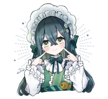 1girl 1st-mn blush bonnet breasts closed_mouth collar colored_inner_hair commentary cropped_torso crossed_bangs fingers_to_cheeks fish floral_print floral_print_kimono flower-shaped_pupils flower_hairpin frilled_bonnet frilled_collar frills green_eyes green_hair green_kimono green_ribbon hair_ornament hair_ribbon hairclip halftone happy_aura highres japanese_clothes kimono long_hair long_sleeves looking_at_viewer multicolored_hair neck_ribbon nijisanji obiage print_kimono ribbon simple_background small_breasts smile solo star_(symbol) symbol-only_commentary symbol-shaped_pupils togawa_nonoha virtual_youtuber white_background white_bonnet white_sleeves