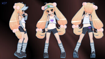 1girl 3d bare_shoulders bike_shorts bike_shorts_pull black_hair blush cameltoe reference_sheet closed_mouth collage collarbone crop_top flat_chest full_body gs-mantis hair_bobbles hair_ornament hat heart heart_print highres kodomo_no_jikan kokonoe_rin loli long_hair long_twintails looking_at_viewer midriff nail_polish navel one-piece_swimsuit print_shirt profile revealing_clothes shirt shoes short_shorts shorts simple_background standing striped_legwear swimsuit tank_top tattoo twintails very_long_hair visor_cap