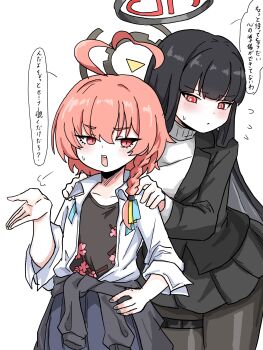 2girls ahoge black_hair black_jacket black_nails black_pantyhose black_skirt blue_archive braid breasts clothes_around_waist commentary_request flying_sweatdrops halo hand_on_own_hip highres jacket long_hair multiple_girls neru_(blue_archive) neru_(school_uniform)_(blue_archive) pantyhose pink_eyes pink_hair pleated_skirt rio_(blue_archive) simple_background skirt sweater tachikaze_miyako translation_request turtleneck turtleneck_sweater white_background white_sweater