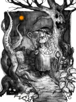 1girl bare_tree boots breasts brooch commentary_request dress elbow_gloves eyes_in_shadow full_moon gloves greyscale hat holding holding_staff jewelry large_breasts looking_at_viewer monochrome moon mushroom nature night orange_moon original outdoors outside_border path plant pon_(tab_rasa) road sleeveless sleeveless_dress solo spot_color staff standing tentacles tombstone tree wide_shot will-o&#039;-the-wisp_(mythology) witch witch_hat