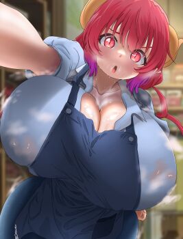 1girl :o apron artist_name blue_apron blue_shirt blurry blurry_background breasts cleavage collarbone denim dragon_girl dragon_horns drawau gigantic_breasts horns ilulu_(maidragon) jeans kobayashi-san_chi_no_maidragon looking_at_viewer open_mouth pants pov reaching reaching_towards_viewer red_eyes red_hair shirt shortstack slit_pupils sweat
