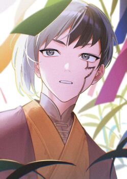 1boy absurdres asagiri_gen black_hair commentary dr._stone grey_eyes highres kaohom503_2 looking_to_the_side male_focus multicolored_hair short_hair simple_background solo split-color_hair symbol-only_commentary teeth two-tone_hair upper_body white_background white_hair