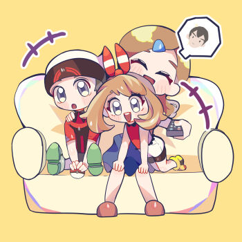 +++ 1boy 2girls :o bike_shorts bike_shorts_under_shorts black_shorts blue_skirt blush blush_stickers brendan_(pokemon) brown_hair brown_shoes caroline_(pokemon) closed_eyes commentary controller couch deformed english_commentary eyelashes grey_eyes hair_ornament hair_ribbon hairclip hat highres holding holding_poke_ball holding_remote_control may_(pokemon) medium_hair mother_and_daughter mother_and_son multiple_girls nintendo norman_(pokemon) on_couch open_mouth poke_ball poke_ball_(basic) pokemon pokemon_oras red_ribbon red_shirt remote_control ribbon shirt shoes short_hair shorts simple_background sitting skirt sleeveless sleeveless_shirt spoken_character user_vrme3225 white_hat white_shoes white_shorts yellow_background yellow_shoes