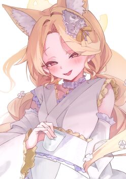 1girl animal_ear_fluff animal_ears blonde_hair blue_archive blush commentary_request detached_sleeves extra_ears fox_ears fox_girl halo highres japanese_clothes kimono looking_at_viewer low_twintails obi official_alternate_costume official_alternate_hairstyle open_mouth pink_eyes sash seia_(blue_archive) seia_(new_year)_(blue_archive) solo takamalu08_12 twintails white_kimono white_sash yellow_halo