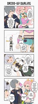 1boy 2girls absurdres anby_demara anby_demara_(silver_soldier) bare_shoulders blush choker fangs green_eyes grey_hair highres kirigiriabc long_hair multiple_girls nail_polish navel nicole_demara pink_hair shorts smile speech_bubble thighhighs thought_bubble white_background wise_(zenless_zone_zero) yellow_eyes zenless_zone_zero