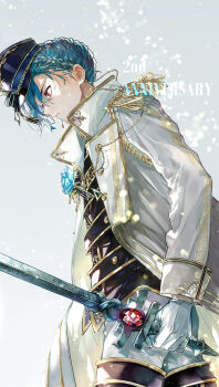 1boy akuma_shitsuji_to_kuroi_neko alternate_costume anniversary aqua_hair black_boots black_hat black_jacket blue_flower boots boutonniere braid buttons chain closed_mouth coat commentary commentary_request crown_braid double-breasted earrings english_commentary epaulettes expressionless flower formal_clothes fringe_trim from_side furrowed_brow gem gold_trim hair_between_eyes hat hat_ribbon haures_clifford high_collar highres holding holding_sword holding_weapon jacket jewelry light_particles long_sleeves looking_ahead looking_down male_focus nonoko_(meg36544) open_clothes open_coat pants parted_bangs red_eyes red_gemstone ribbon rope shako_cap short_hair single_earring single_sidelock solo sword thigh_boots walking weapon white_coat white_pants wind yellow_rope