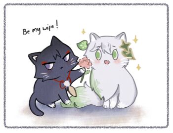 aichiroo animalization averting_eyes black_cat black_hair cat closed_mouth colored_tips commentary_request english_text eyeliner feathers flower genshin_impact giving green_eyes green_hair hair_ornament heart heart_hair_ornament hetero holding holding_flower leaf leaf_hair_ornament looking_at_another makeup multicolored_hair nahida_(genshin_impact) no_humans open_mouth pink_flower pom_pom_(clothes) purple_eyes red_eyeliner scaramouche_(cat)_(genshin_impact) scaramouche_(genshin_impact) sitting streaked_hair string tareme tsurime whiskers white_background white_hair yellow_feathers