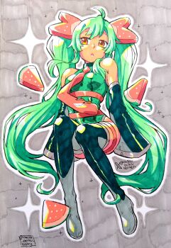 1girl ariamikukanzaki black_boots boots breasts commentary detached_sleeves english_commentary food fruit full_body green_leotard grey_hair hatsune_miku highres leotard long_hair marker_(medium) multicolored_boots necktie orange_eyes pink_necktie signature sleeves_past_fingers sleeves_past_wrists small_breasts solo thigh_boots thigh_strap traditional_media triangle_mouth twintails two-tone_boots very_long_hair vocaloid watermelon watermelon_miku_(kaatokun) watermelon_slice